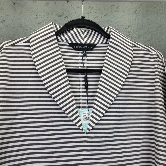 Ming Wang Heritage Fit Blouse Women's L Poplin Shawl Collar V-Neck Stripe NEW - Picture 2 of 16